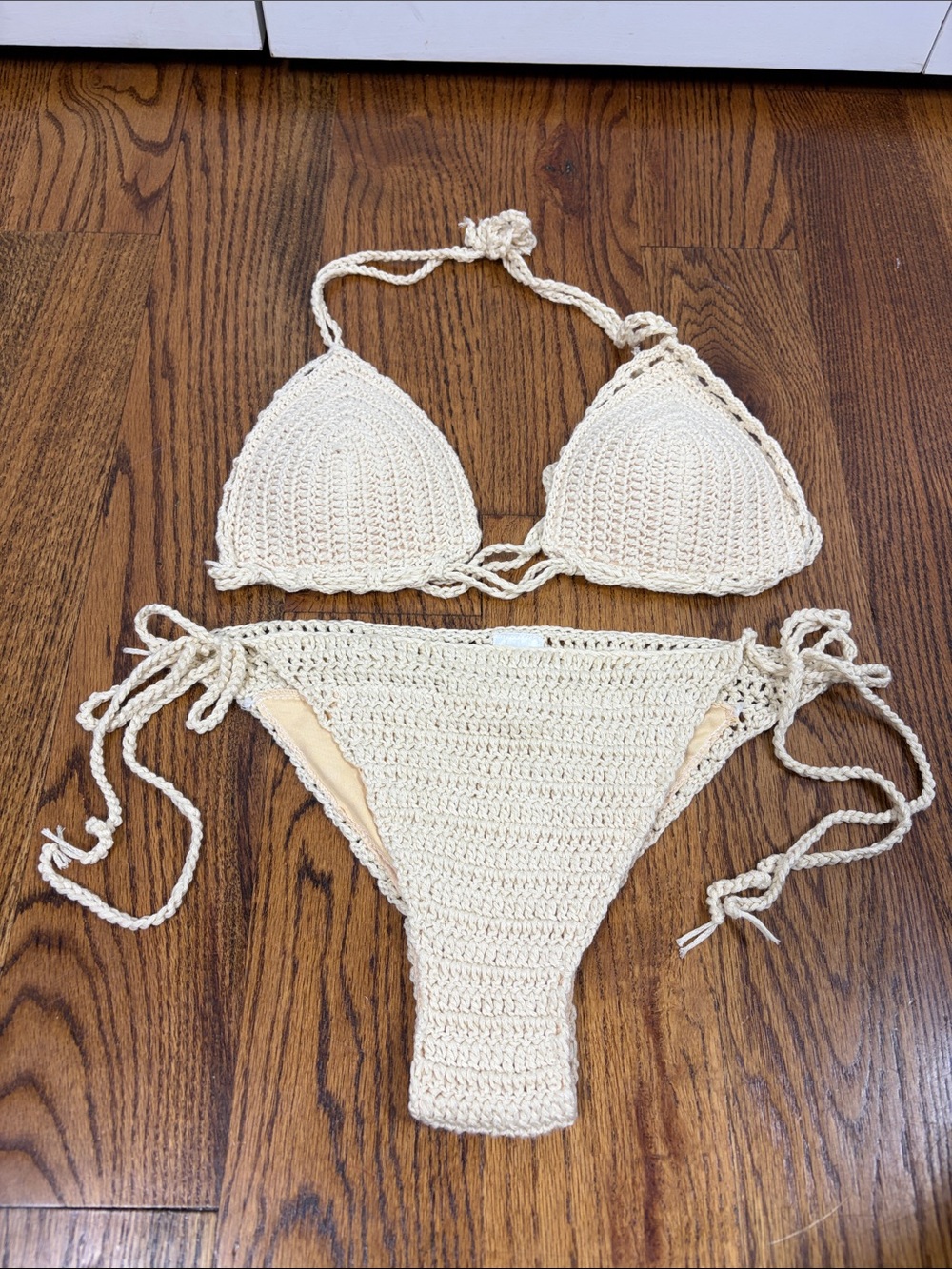 Lucy in the Sky Crochet Triangle Bikini Set in Cream Size Large
